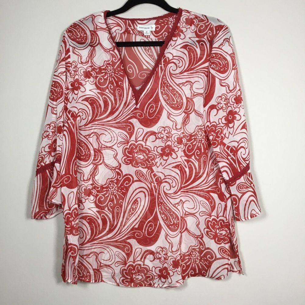 Vee neck red white sheer paisley flower pattern top cover up size M beachy boho